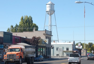 The Merrill water tower rising above mainstree